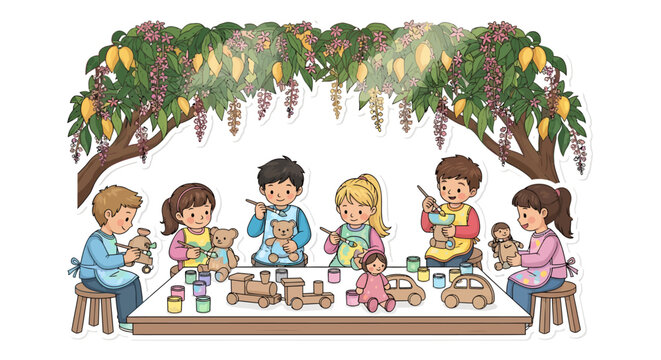 Children playing with wooden toys under wisteria tree