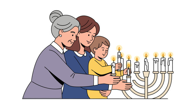 happy family lighting menorah together on hanukkah