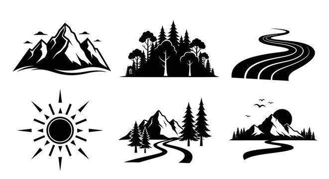 Collection of black and white vector icons showcasing mountains, forests, roads, and sun elements.