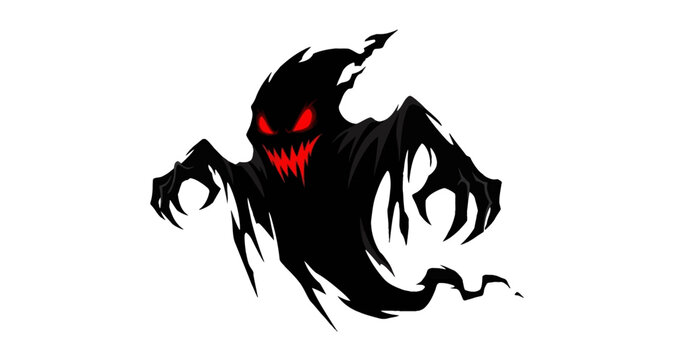 A menacing shadowy figure with glowing red eyes and sharp teeth is depicted