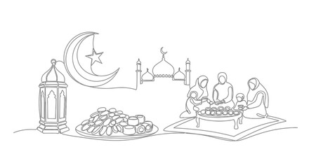 Obraz premium Ramadan Iftar Family Gathering, Crescent Moon, Lantern, Mosque, Food - Single Line Art