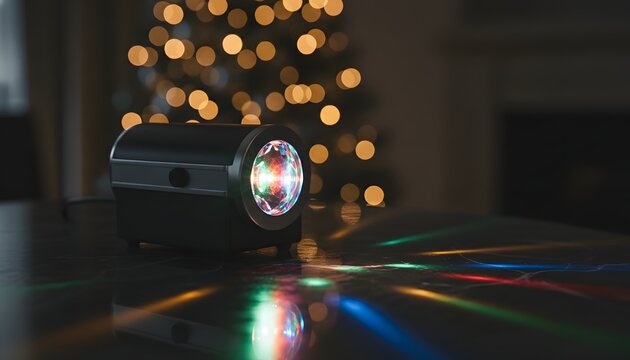 Portable mini disco light casting colorful beams on a surface for a festive celebration and holiday party concept with warm bokeh lights background