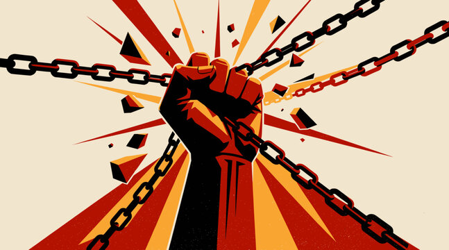 Fist of strength breaking chains in symbol of freedom and revolution
