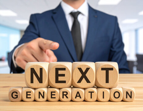 Next Generation - Geschäftsmann zeigt auf das Wort "Next Generation"