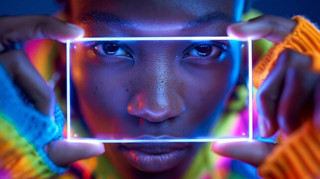 Junge Frau mit dunkler Haut h&auml;lt leuchtenden wei&szlig;en Rahmen vor ihr Gesicht, umgeben von bunten Neonfarben. Kreativ, modern, ideal f&uuml;r digitale Kampagnen und Technikthemen