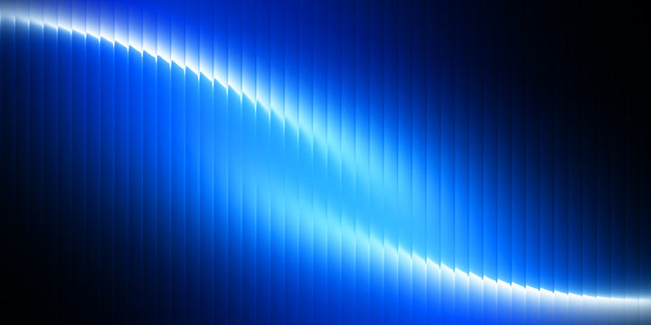 abstract blue gradient ribbed glass background with glowing light curve, futuristic vertical stripe pattern and smooth luminous wave texture for modern technology design and digital wallpaper
