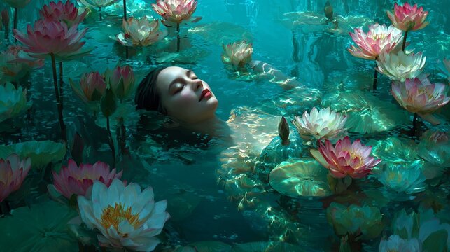 Pretty lady swims in water surrounded by lotuses.
