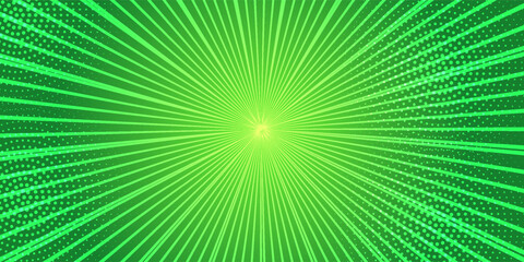 Obraz premium Energetic abstract comic book background featuring a vibrant lime green sunburst with a glowing central focus and dynamic halftone dot patterns.