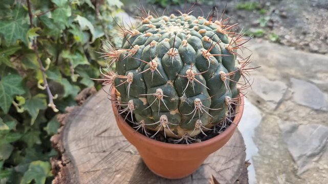 A close-up, high-angle shot shows a round, bluish-green Gymnocalycium cactus in a terracotta pot. The cactus features prominent tubercles and curved, sharp spines, sitting outdoors on a wooden stump.
