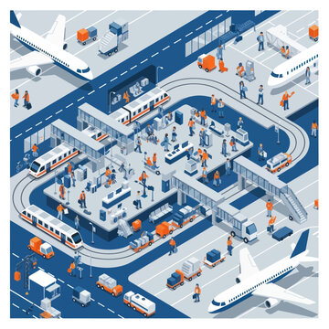 Isometric illustration of a busy transportation hub with trains planes and people.