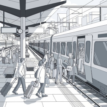 People boarding and disembarking a train at a station platform.