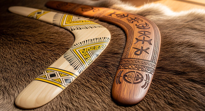 Two wooden boomerangs with intricate aboriginal patterns, one light and one dark