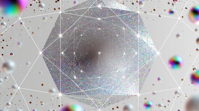 Abstraktes digitales Bild eines leuchtenden geometrischen Polyeders mit Netzlinien und schwebenden Partikeln auf grauem Hintergrund