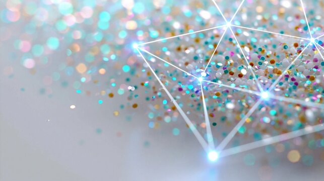 Glitzernde, transparente Dreiecksformen aus Kristall schweben &uuml;ber einer funkelnden hellen Fl&auml;che. Das Bild strahlt Luxus, Eleganz und Reinheit aus.
