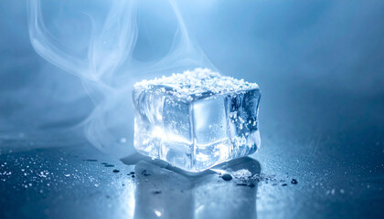 Naklejka premium Ephemeral Frost: An evocative visual of a single, glistening ice cube, radiating a captivating ethereal mist, inviting contemplation of the fleeting nature of existence.