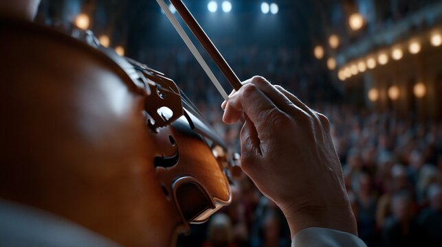 Eine Hand h&auml;lt einen Geigenbogen und spielt auf einer Geige, w&auml;hrend im Hintergrund ein Konzertsaal mit Publikum zu sehen ist. Das Bild f&auml;ngt die Intensit&auml;t und Leidenschaft eines klassischen Musikers