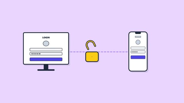 Animated 2D concept of two-factor authentication and secure login with computer, smartphone, and padlock