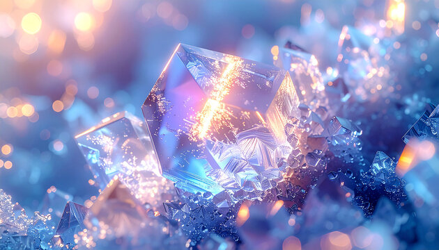 Shimmering Crystal Formation: A close-up shot of a radiant crystal formation, showcasing its multifaceted structure and vibrant, ethereal glow, evoking a sense of natural beauty and wonder.