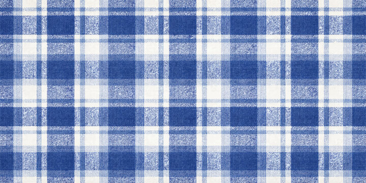 Seamless blue and white checkered gingham plaid fabric texture with a cotton textile pattern design for a tablecloth or wallpaper backdrop