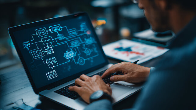 Professional entrepreneur businessman using ai artificial intelligence improve business workflow flowchart diagram system algorithm project management planning strategy data analysis laptop streamline
