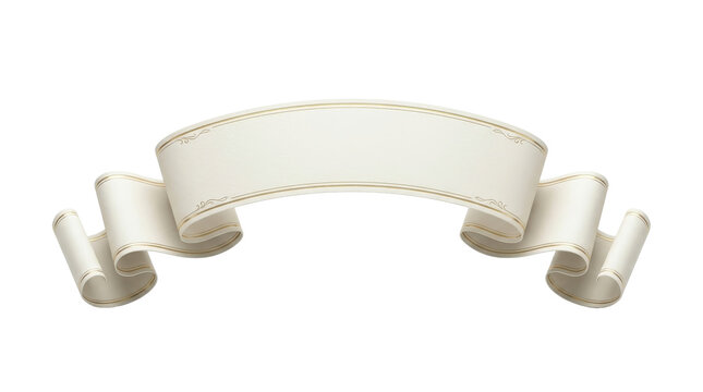 A blank, elegant, white ribbon banner with ornate gold trim, isolated on a white background, ready for custom text and design.