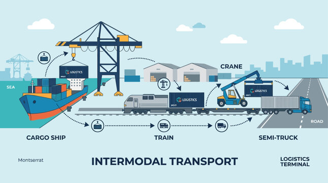 A dynamic flat design illustration demonstrating intermodal transport, where a shipping container seamlessly moves between ship, train, and truck. This graphic emphasizes efficient.