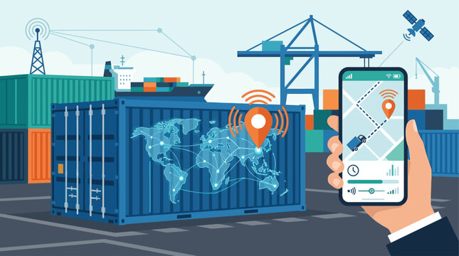 A cutting-edge flat design illustration depicting smart logistics and real-time container tracking with digital map overlays and smartphone integration.
