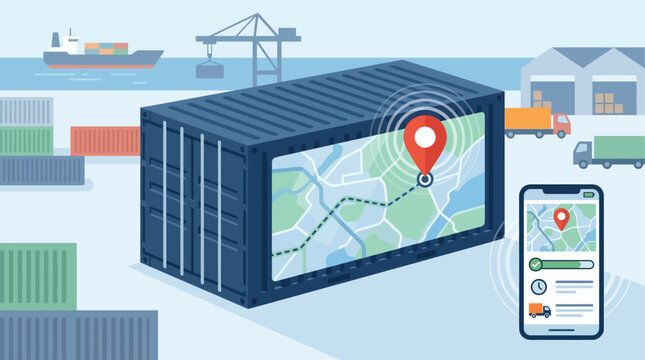 A cutting-edge flat design illustration depicting smart logistics and real-time container tracking with digital map overlays and smartphone integration.