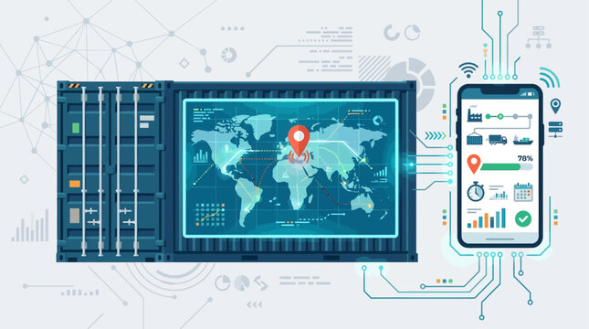 A cutting-edge flat design illustration depicting smart logistics and real-time container tracking with digital map overlays and smartphone integration.