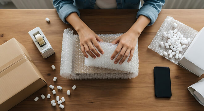Hands wrapping a parcel with bubble wrap for shipping and moving services