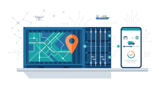 A cutting-edge flat design illustration depicting smart logistics and real-time container tracking with digital map overlays and smartphone integration.