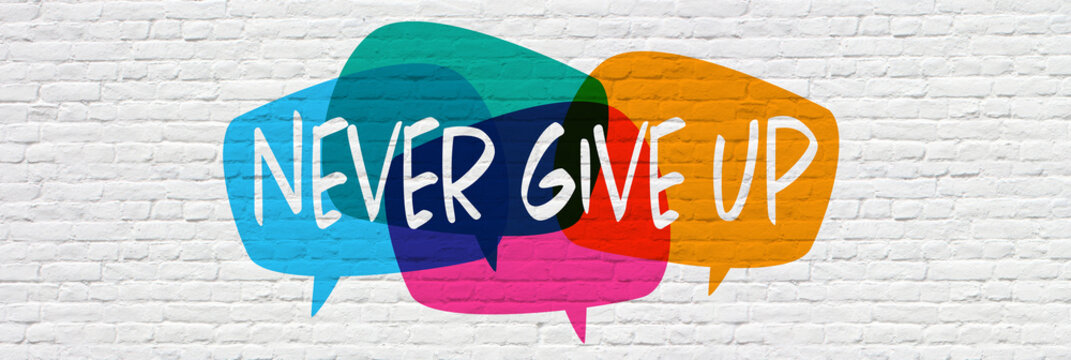 Text "Never give up" on brick wall