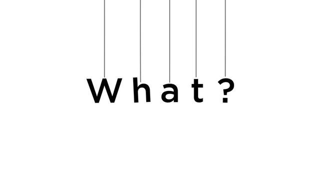 An animated text display of the word "What?" suspended by a string.