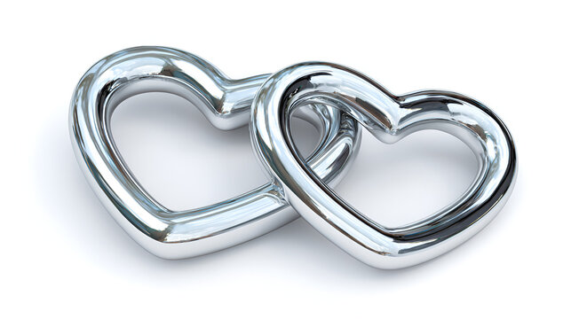 Silver Chrome Metallic 3D Linked Double Heart with white background, Glossy Y2K Love Icon Stock Illustration