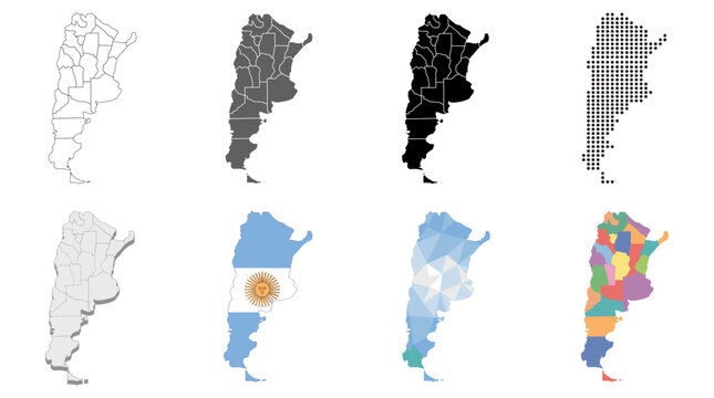 Argentina Map Set with Regions and Borders, Outline, Silhouette, Flag Colors, Dotted, and Low Poly design
