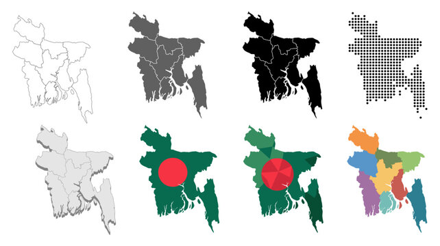 Bangladesh Map Set with Regions and Borders, Outline, Silhouette, Flag Colors, Dotted, and Low Poly design