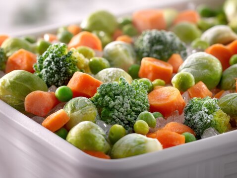 Frozen mixed vegetables in a white tray