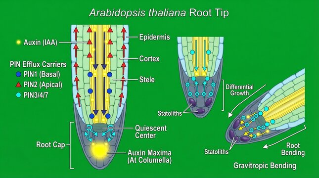 Auxin Transport and PIN Protein Localization in Arabidopsis Root Tip Diagram