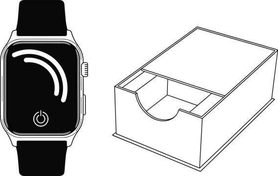 Black vector illustration of modern smartwatch with rectangular face and simple geometric storage box or packaging container design