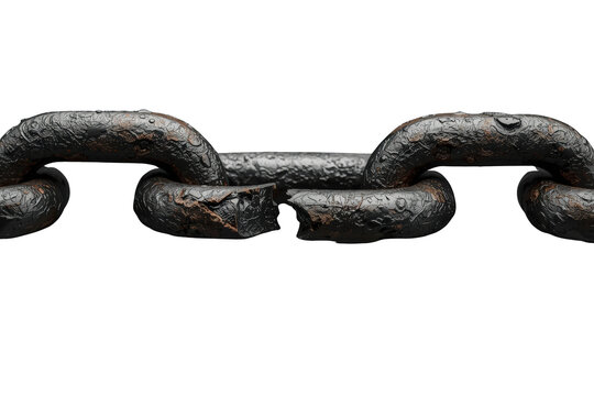 Broken chain link showing separation and detachment, representing freedom, escape, weakness, and liberation on transparent background