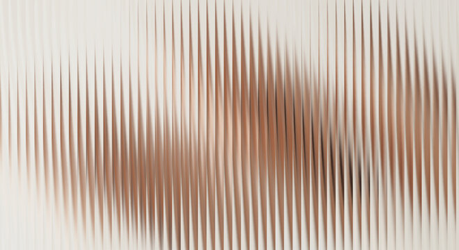 A blurred abstract image with vertical lines and a brown oval shape on a white background