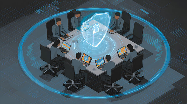 Top view of business team at meeting table with laptops and data charts, digital security shield hologram in center Stock Illustration