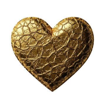 a single, crumpled heart sticker made of reflective metallic gold foil, hyper-photorealistic macro on bright white, cinematic high-contrast lighting, distressed beauty concept
