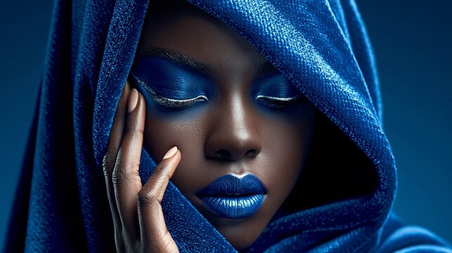 Afro Frau mit intensiv blauem Make-up, leuchtend blauen Lippen und blauer Kapuze, selbstbewusster Blick nach unten. K&uuml;nstlerisches Portr&auml;t mit monochromer Farbwirkung und ausdrucksstarkem Styling