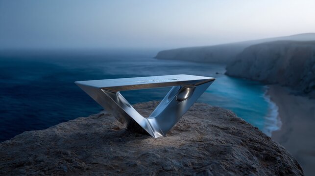 Futuristischer silberner Tisch mit V-f&ouml;rmigen Beinen auf einer Felsklippe &uuml;ber dem Meer bei D&auml;mmerung. Minimalistisches Designm&ouml;bel im starken Kontrast zur nat&uuml;rlichen K&uuml;stenlandschaft