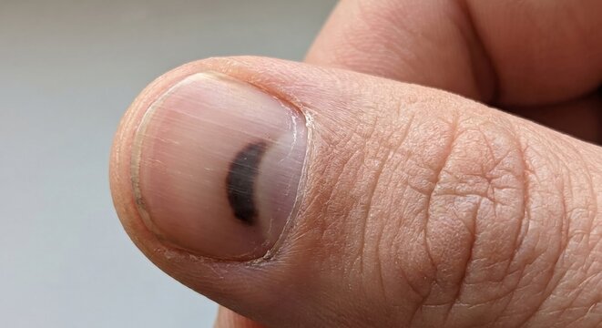 Healing subungual hematoma on thumb nail macro