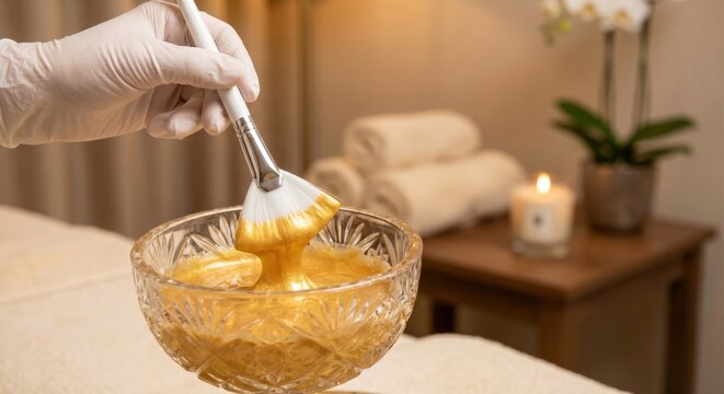 Gloved hand dipping brush into gold facial mask in luxury spa