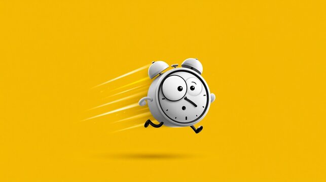 Comichafter Wecker mit Beinen l&auml;uft eilig auf gelbem Hintergrund und symbolisiert Eile, Zeit und Termindruck. Die Zeit rennt