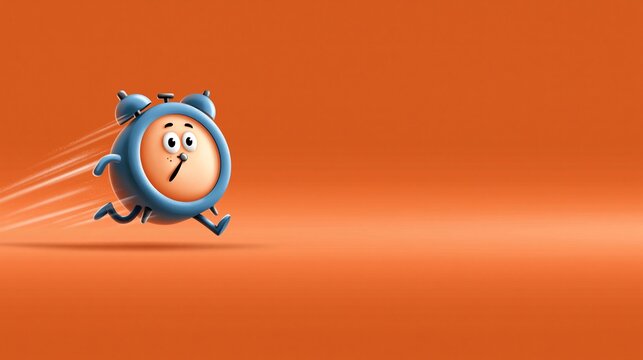 Comichafter blauer Wecker mit Beinen rennt schnell auf orangem Hintergrund als Symbol f&uuml;r Eile und Zeitdruck. Die Zeit rennt