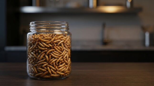Clear glass jar overflowing with dried mealworms resting on a dark wooden surface in a blurred kitchen environment insect protein edible insects entomophagy protein source